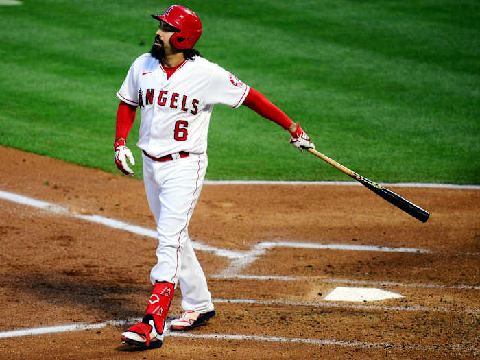 Apr 5, 2021; Anaheim, California, USA; Los Angeles Angels third baseman Anthony Rendon (6) reacts after striking out to end the first inning against the Houston Astros at Angel Stadium.